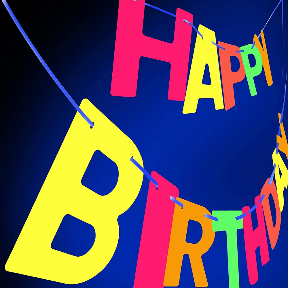 Neon Happy Birthday Banner Blacklight Party Supplies Glow in the Dark Birthday Banner Black Light Reactive UV Party Accessories
