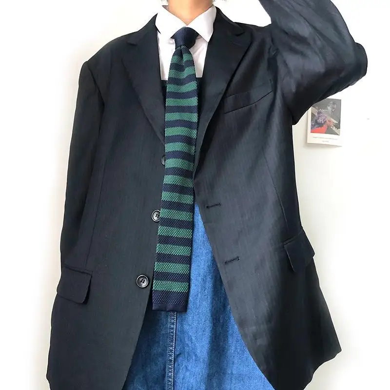 5.5CM Fashion Knitted Ties For Men Navy Brown Striped Neckties College Student Narrow Design Woven Cravat Plaid Shirt Accessory