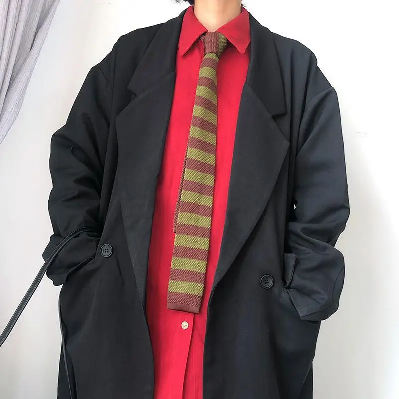 5.5CM Fashion Knitted Ties For Men Navy Brown Striped Neckties College Student Narrow Design Woven Cravat Plaid Shirt Accessory
