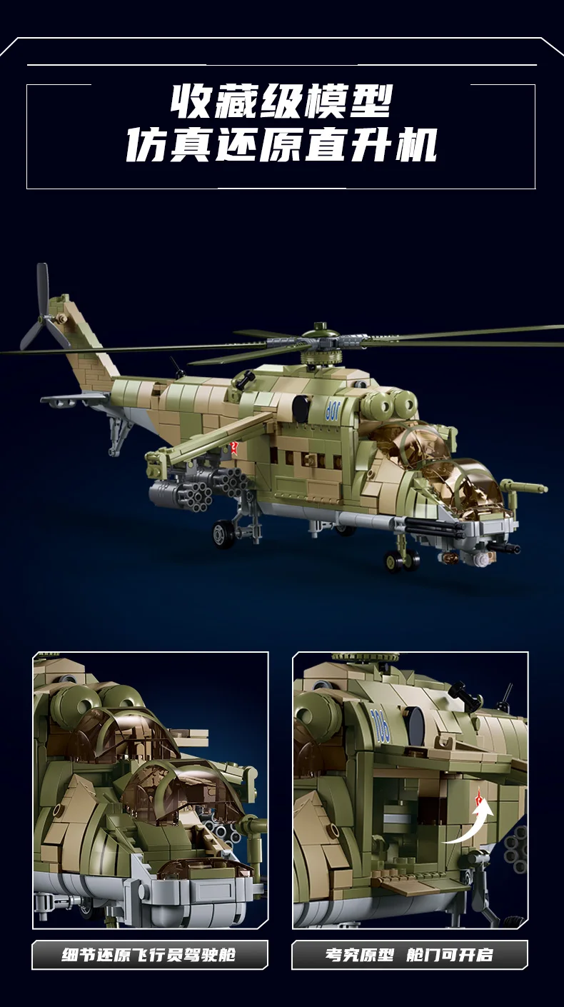 2024 Sluban WW2 Military Russia Air Weapon Mi-24 Attack Helicopters Hind Model Building Blocks Classics Fighter Bricks Plane Toy