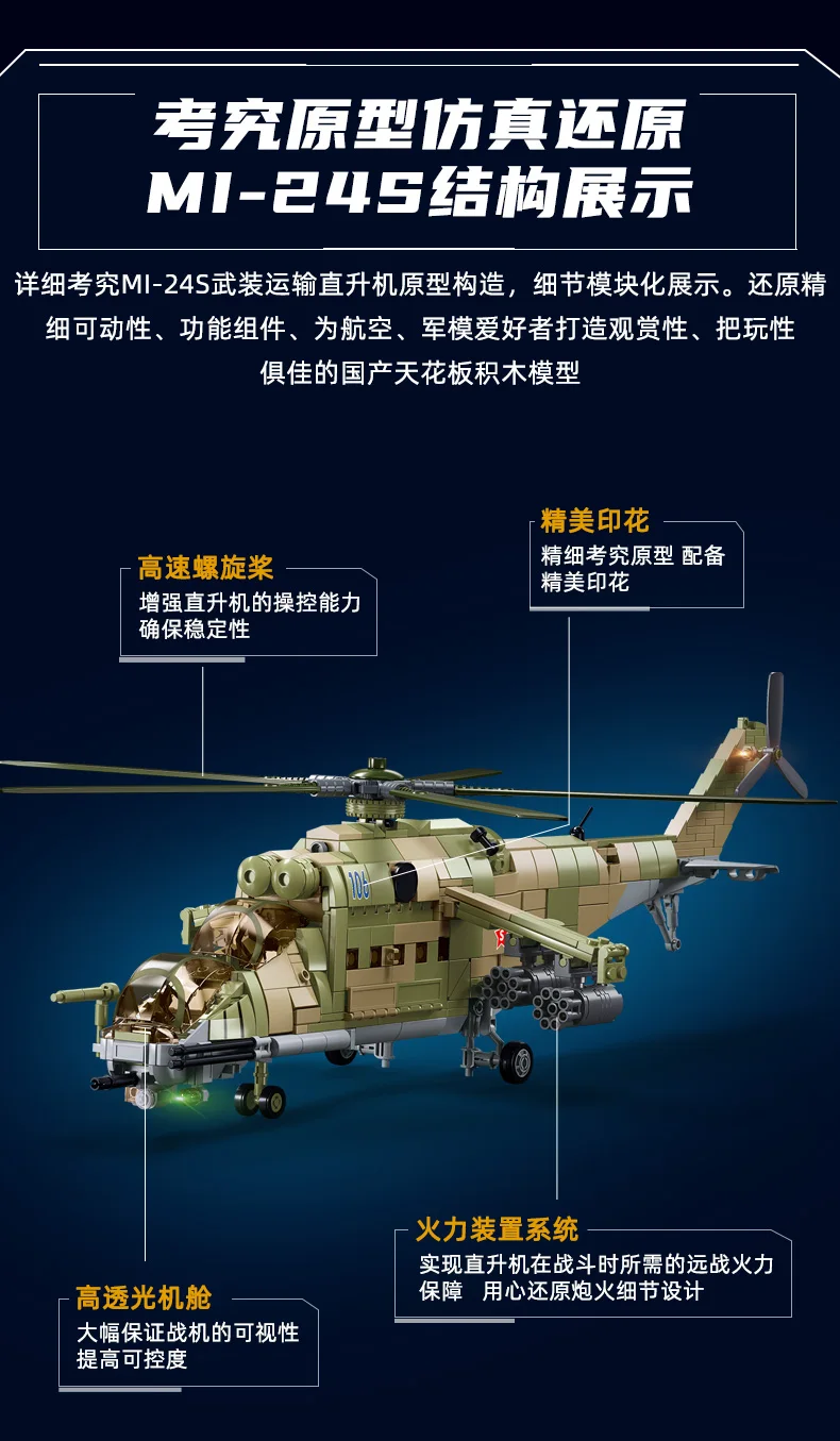 2024 Sluban WW2 Military Russia Air Weapon Mi-24 Attack Helicopters Hind Model Building Blocks Classics Fighter Bricks Plane Toy