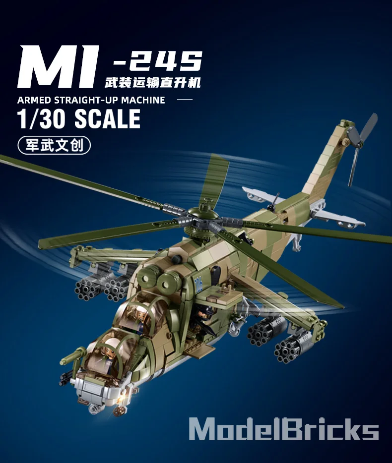 2024 Sluban WW2 Military Russia Air Weapon Mi-24 Attack Helicopters Hind Model Building Blocks Classics Fighter Bricks Plane Toy