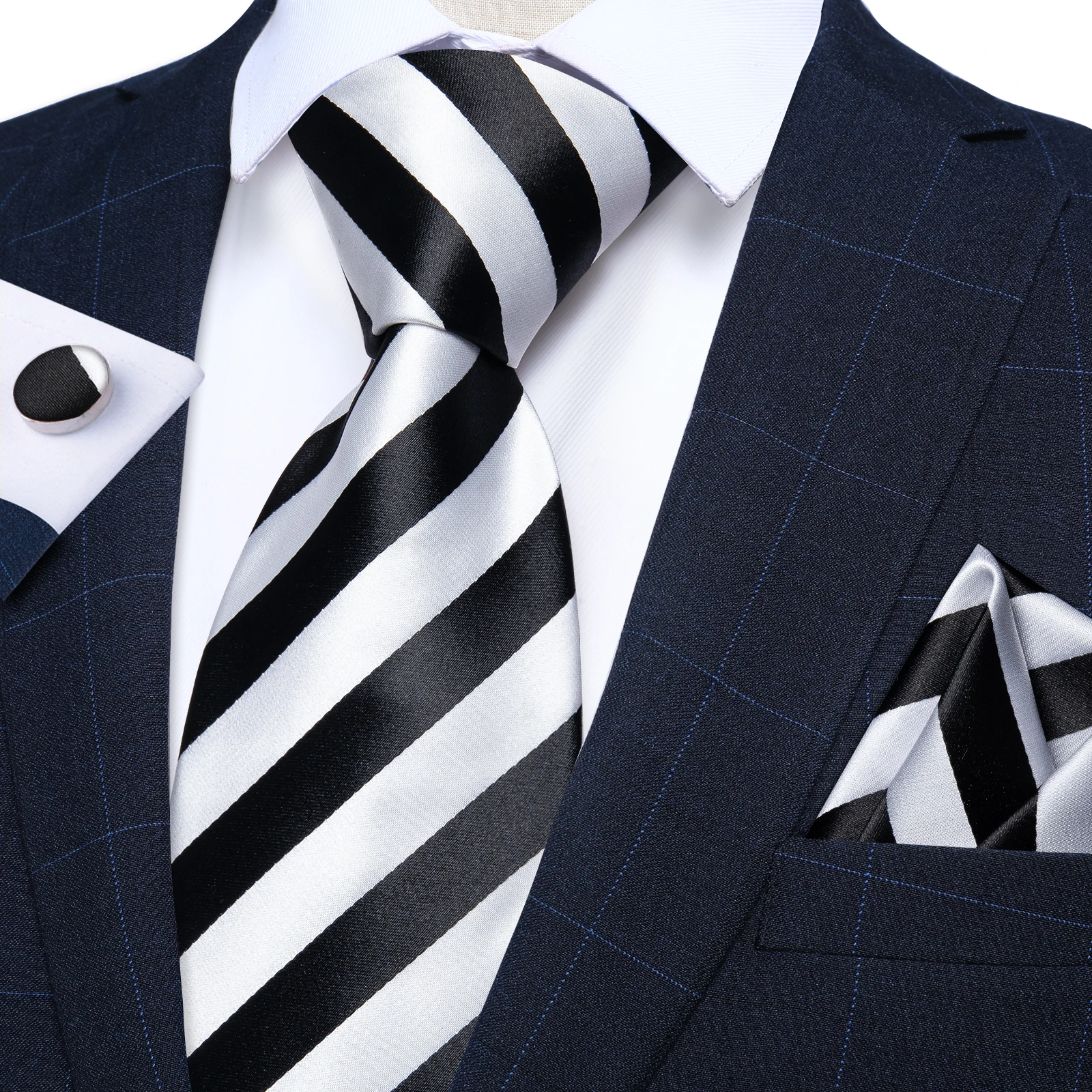 White Black Zebra Striped Ties for Men 8cm Business Wedding Neck Tie Handkerchief Cufflinks Accessories Gift Gravatas Party