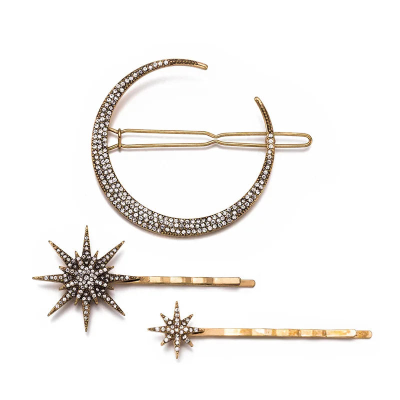 New Geometric Stars Moon Rhinestone Hair Clip Set Snowflake Star Bride Hairpins Women Side Clip Hair Barrettes Hair Jewelry Gift