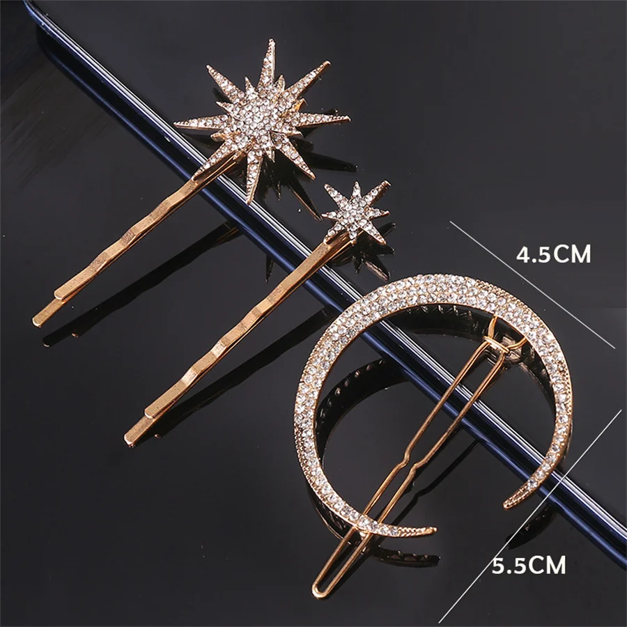 New Geometric Stars Moon Rhinestone Hair Clip Set Snowflake Star Bride Hairpins Women Side Clip Hair Barrettes Hair Jewelry Gift