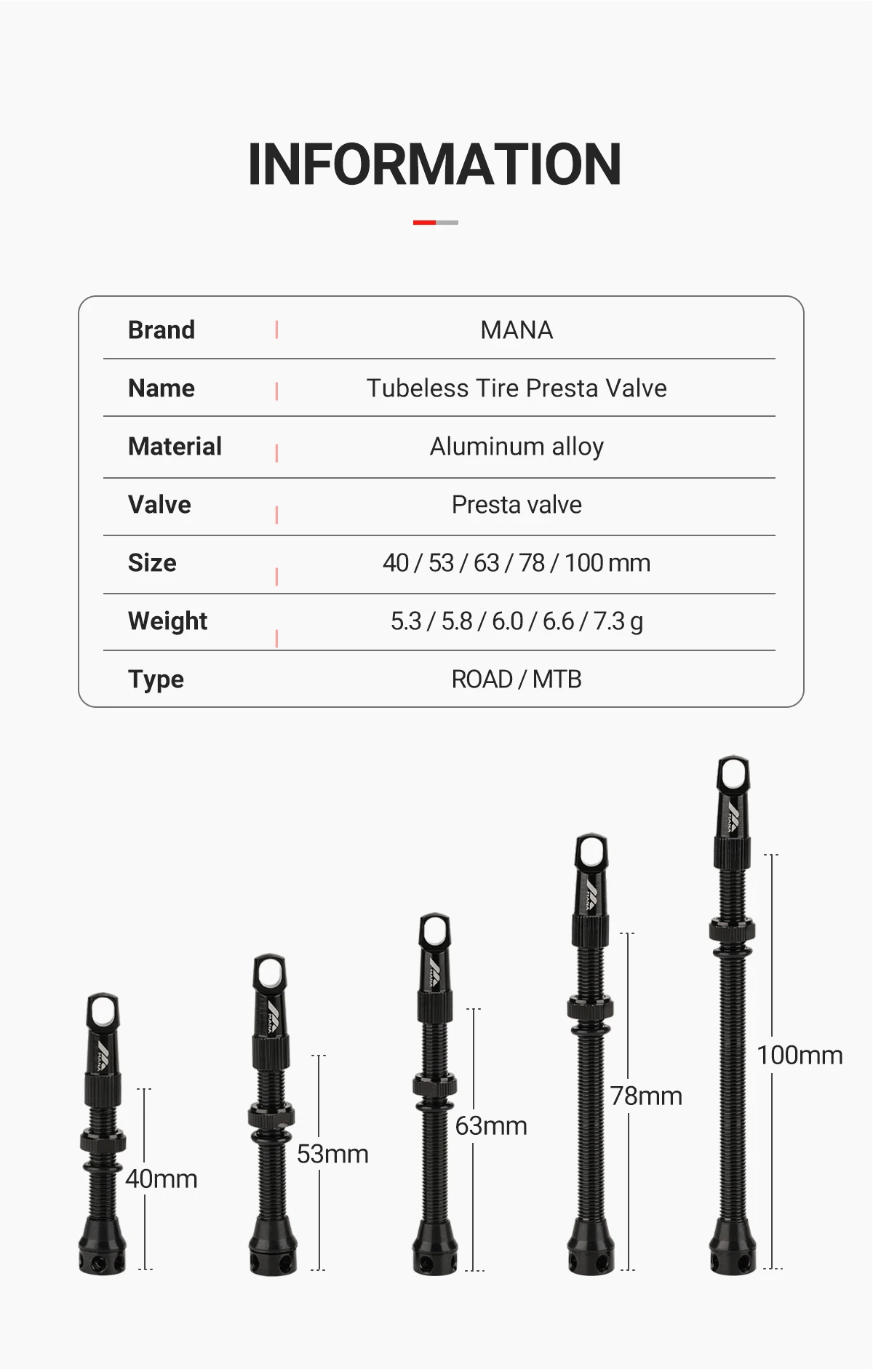 MANA 1Pair Bicycle Presta Valve 40/53/63/78/100mm 7075 Aluminum Alloy For Tubeless Road/MTB/Gravel Bike-ELITEWHEELS Valve
