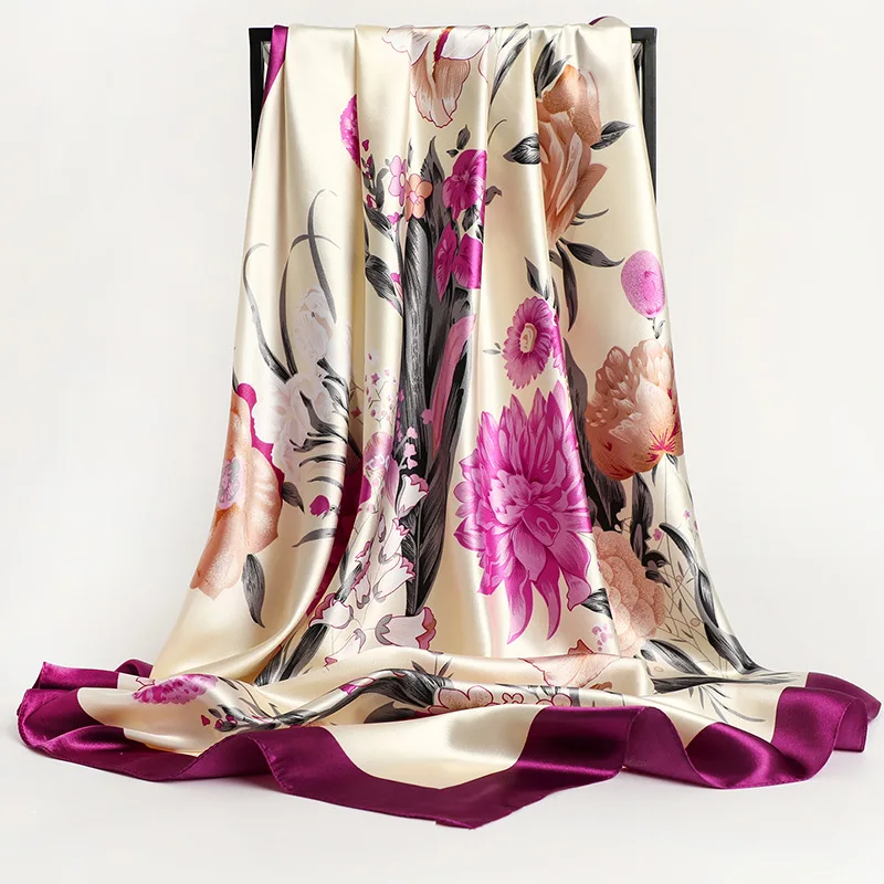90*90cm Square Silk Scarf Women Fashion Designer Beautiful flowers Foulard Soft Satin Shawl Kerchief Scarfs Neck Headscarf