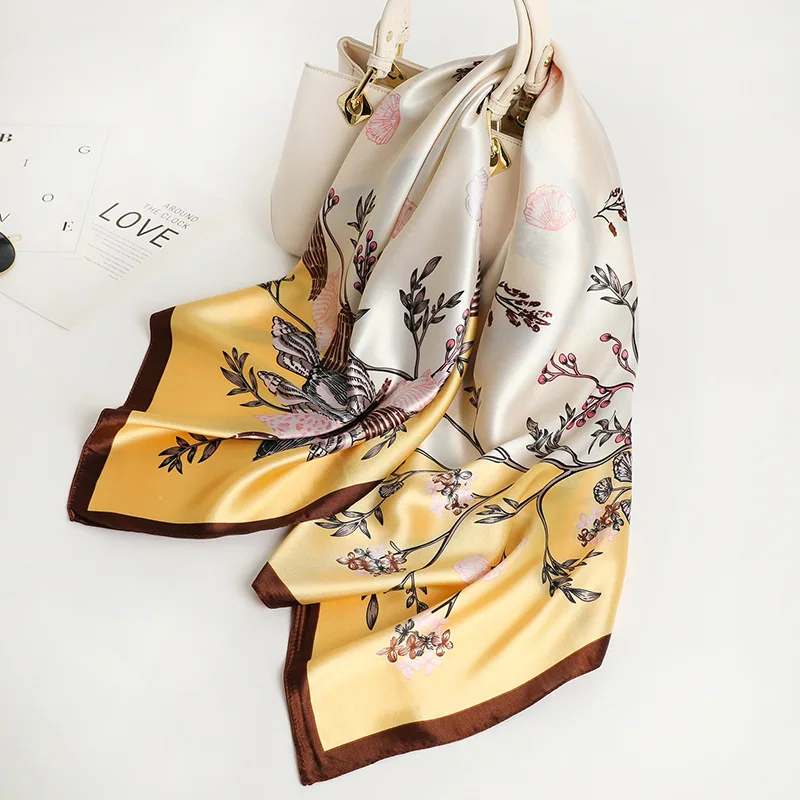 90*90cm Square Silk Scarf Women Fashion Designer Beautiful flowers Foulard Soft Satin Shawl Kerchief Scarfs Neck Headscarf
