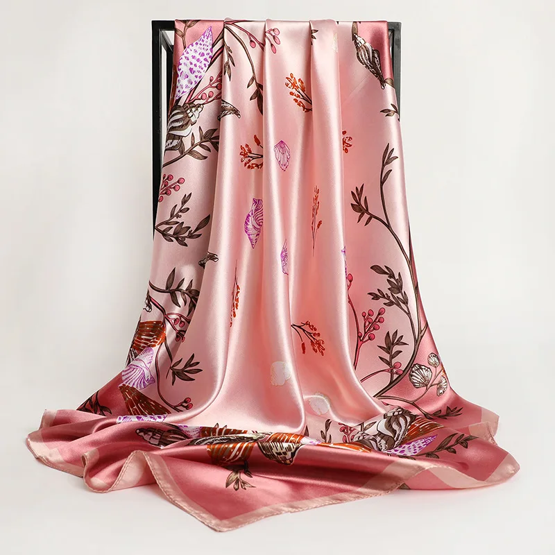90*90cm Square Silk Scarf Women Fashion Designer Beautiful flowers Foulard Soft Satin Shawl Kerchief Scarfs Neck Headscarf