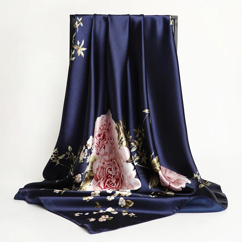 90*90cm Square Silk Scarf Women Fashion Designer Beautiful flowers Foulard Soft Satin Shawl Kerchief Scarfs Neck Headscarf
