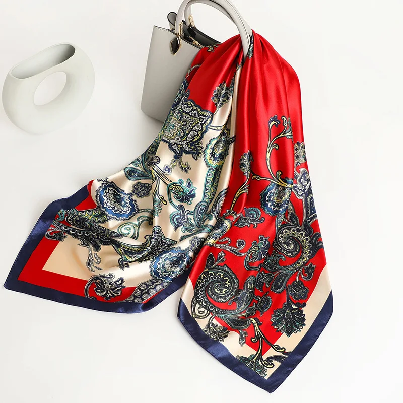 90*90cm Square Silk Scarf Women Fashion Designer Beautiful flowers Foulard Soft Satin Shawl Kerchief Scarfs Neck Headscarf