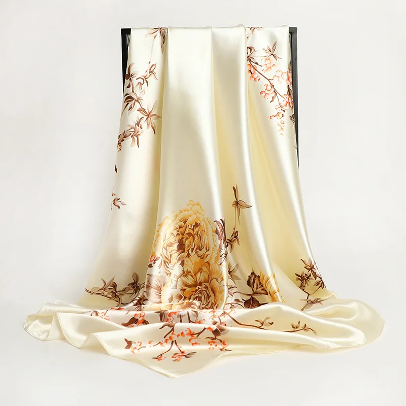 90*90cm Square Silk Scarf Women Fashion Designer Beautiful flowers Foulard Soft Satin Shawl Kerchief Scarfs Neck Headscarf