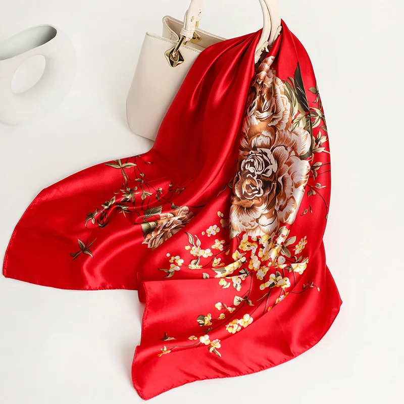 90*90cm Square Silk Scarf Women Fashion Designer Beautiful flowers Foulard Soft Satin Shawl Kerchief Scarfs Neck Headscarf