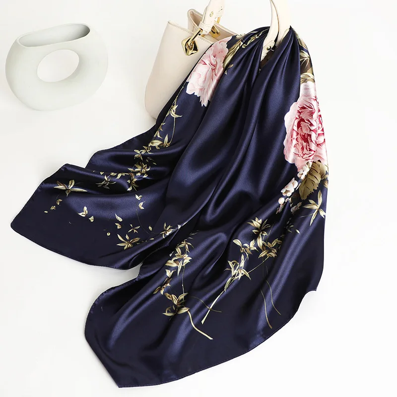 90*90cm Square Silk Scarf Women Fashion Designer Beautiful flowers Foulard Soft Satin Shawl Kerchief Scarfs Neck Headscarf