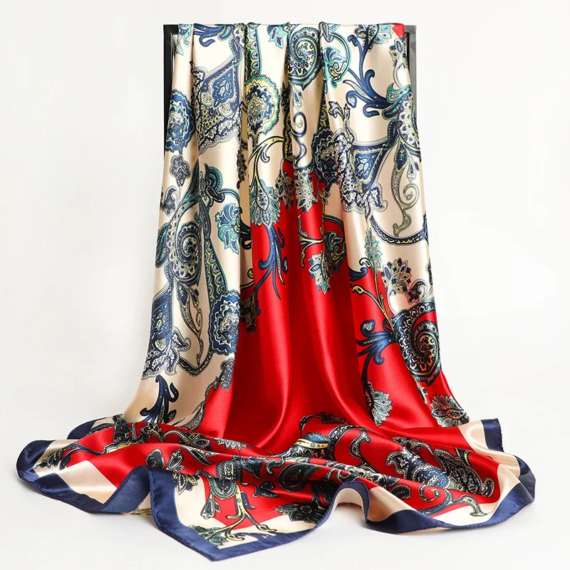 90*90cm Square Silk Scarf Women Fashion Designer Beautiful flowers Foulard Soft Satin Shawl Kerchief Scarfs Neck Headscarf