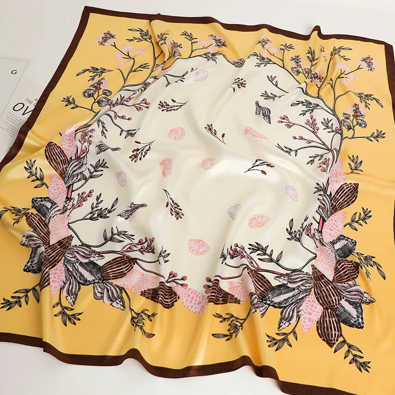 90*90cm Square Silk Scarf Women Fashion Designer Beautiful flowers Foulard Soft Satin Shawl Kerchief Scarfs Neck Headscarf