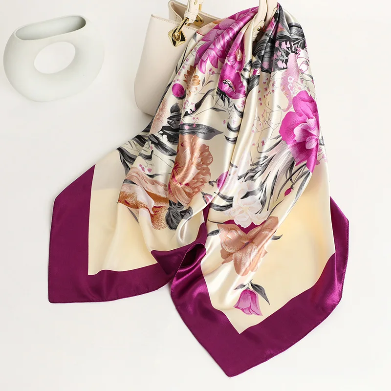 90*90cm Square Silk Scarf Women Fashion Designer Beautiful flowers Foulard Soft Satin Shawl Kerchief Scarfs Neck Headscarf