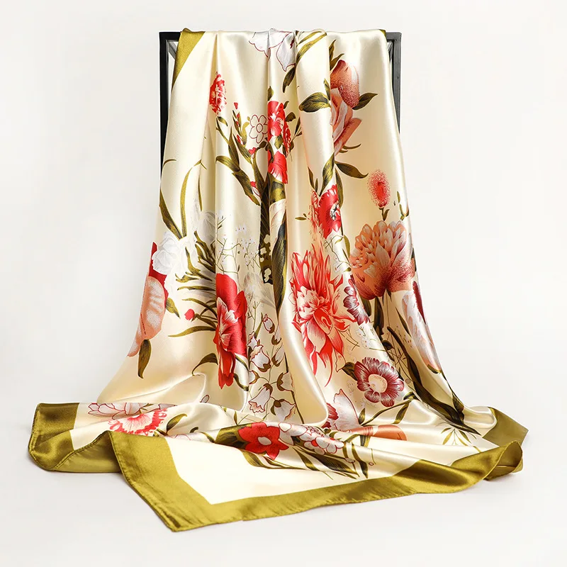90*90cm Square Silk Scarf Women Fashion Designer Beautiful flowers Foulard Soft Satin Shawl Kerchief Scarfs Neck Headscarf