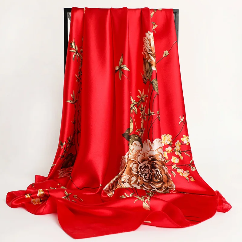 90*90cm Square Silk Scarf Women Fashion Designer Beautiful flowers Foulard Soft Satin Shawl Kerchief Scarfs Neck Headscarf