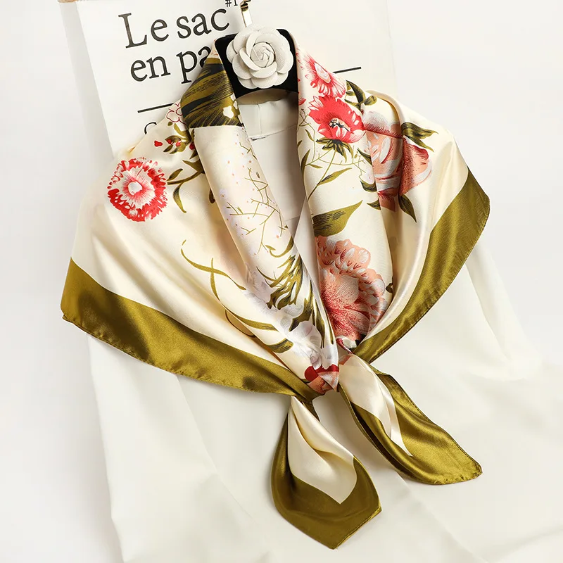 90*90cm Square Silk Scarf Women Fashion Designer Beautiful flowers Foulard Soft Satin Shawl Kerchief Scarfs Neck Headscarf
