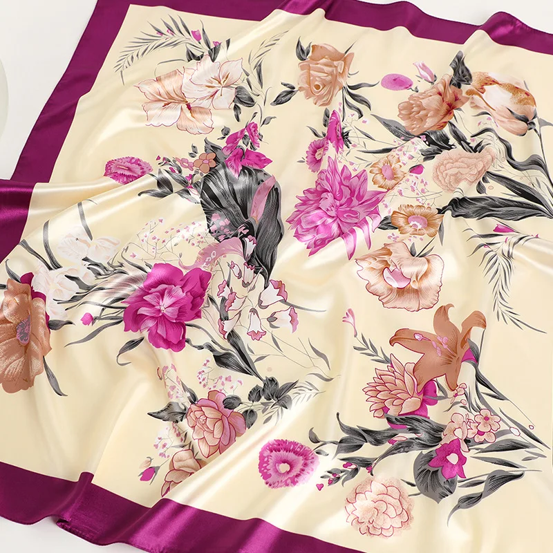 90*90cm Square Silk Scarf Women Fashion Designer Beautiful flowers Foulard Soft Satin Shawl Kerchief Scarfs Neck Headscarf