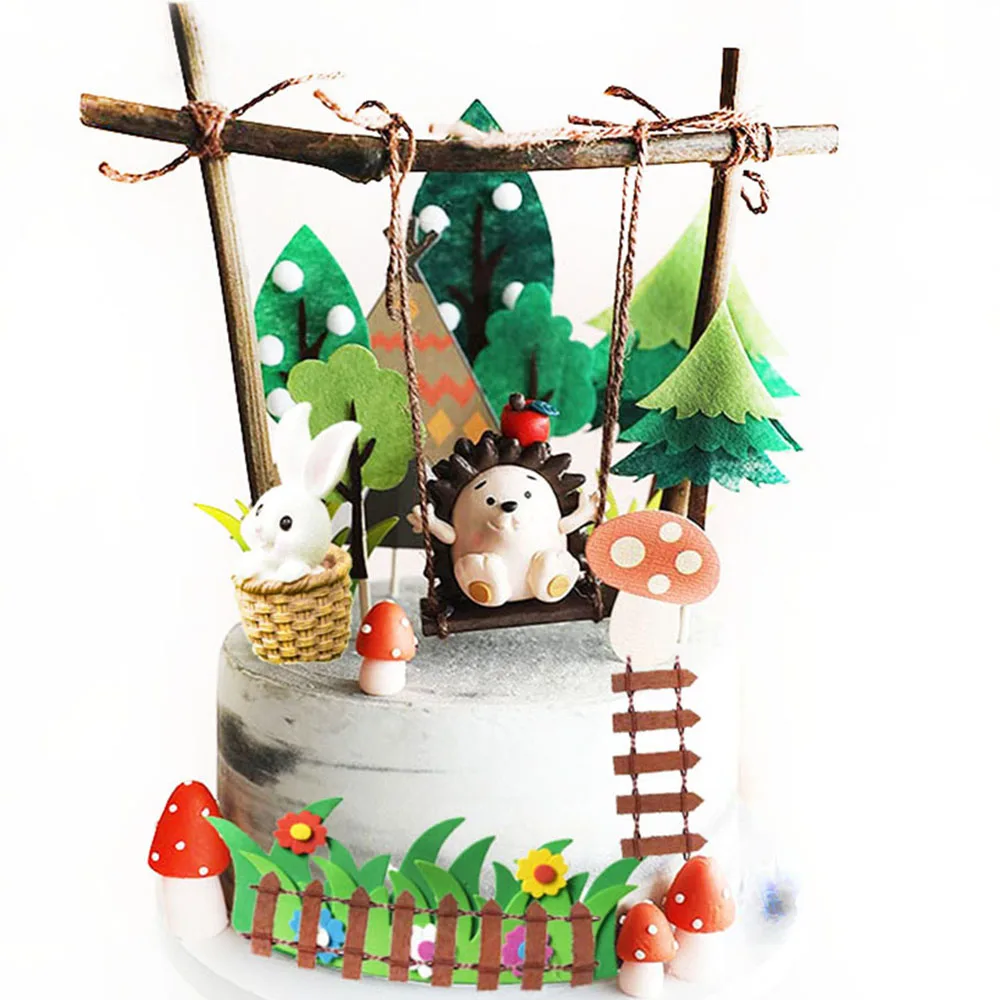 Woodland Animal Theme Cupcake Toppers Hedgehog Swing Cake Topper Figure Doll Kids Baby Shower Birthday Gift Woodland Party Decor