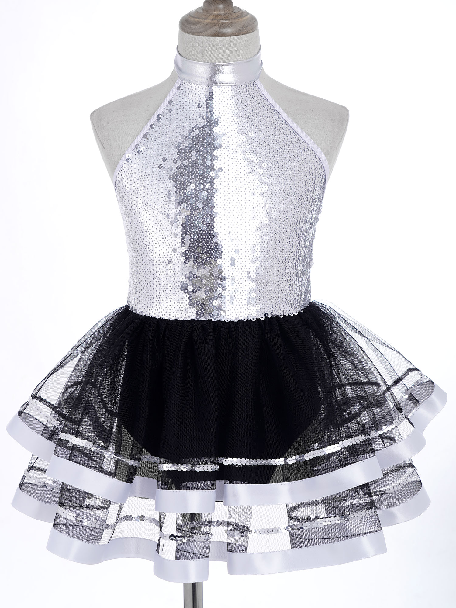 Halter Sequins Ballet Tutu Dress Kids Girls Latin Jazz Modern Dancing Costume Gymnastics Leotard Unitards Performance Dancewear