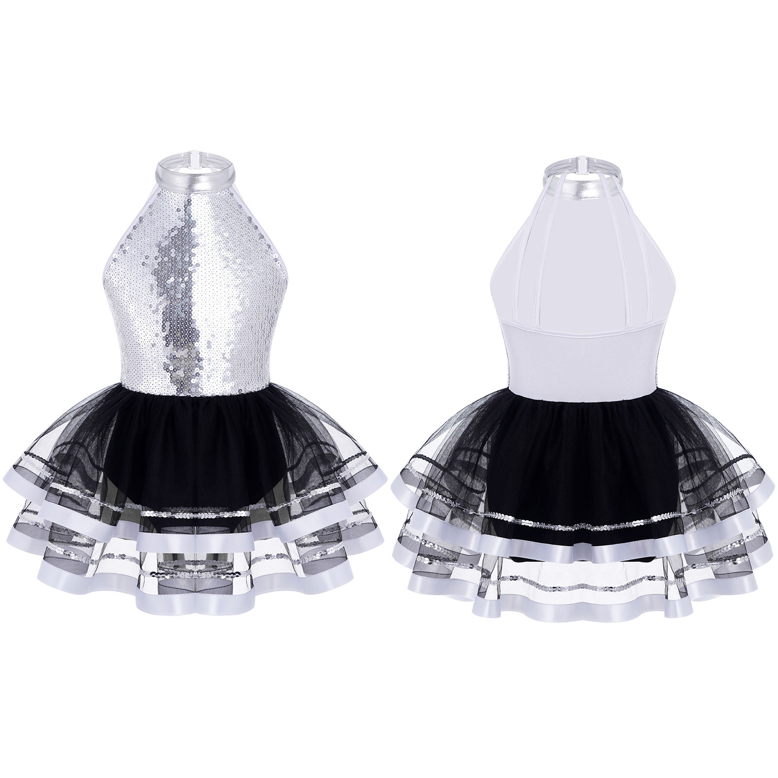 Halter Sequins Ballet Tutu Dress Kids Girls Latin Jazz Modern Dancing Costume Gymnastics Leotard Unitards Performance Dancewear