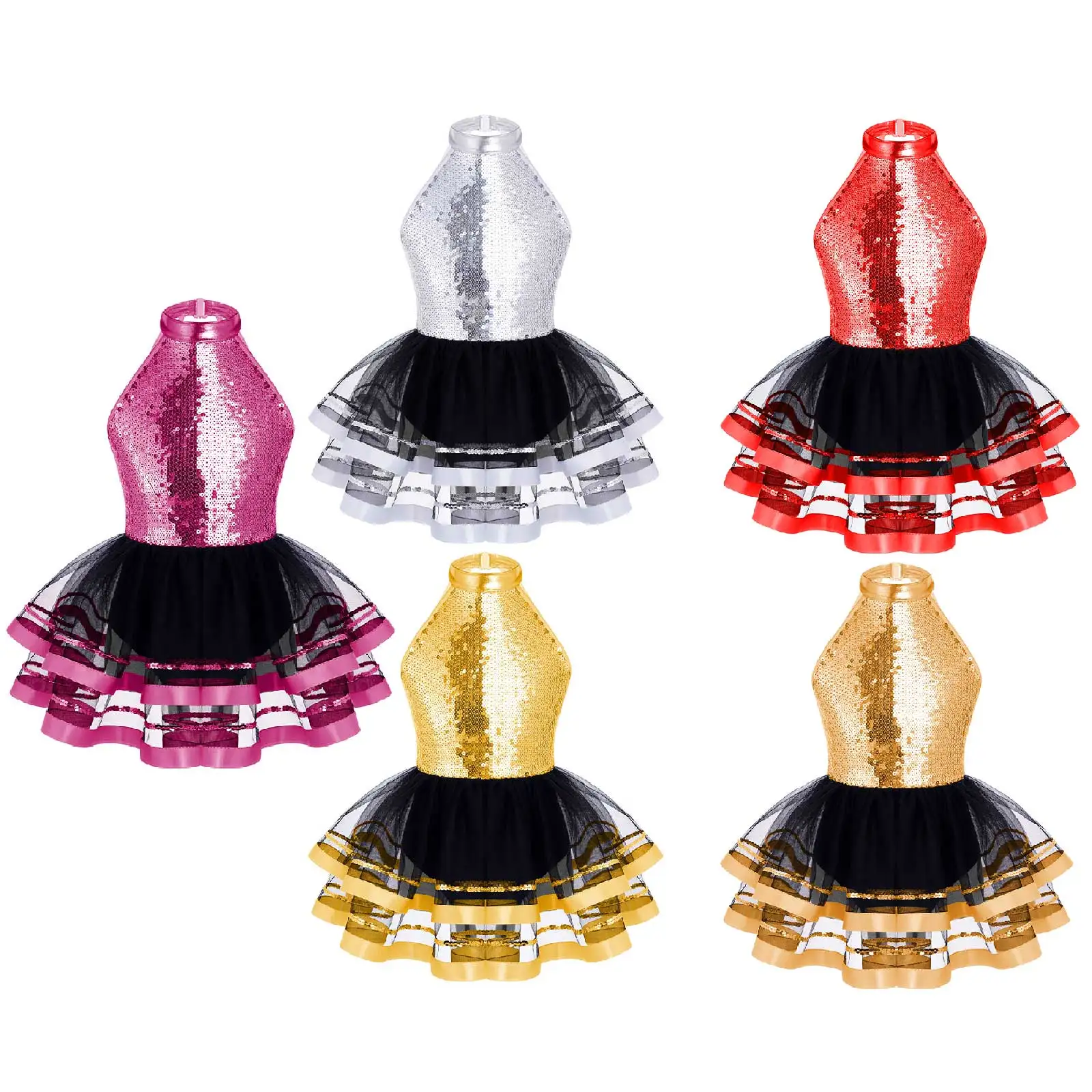 Halter Sequins Ballet Tutu Dress Kids Girls Latin Jazz Modern Dancing Costume Gymnastics Leotard Unitards Performance Dancewear
