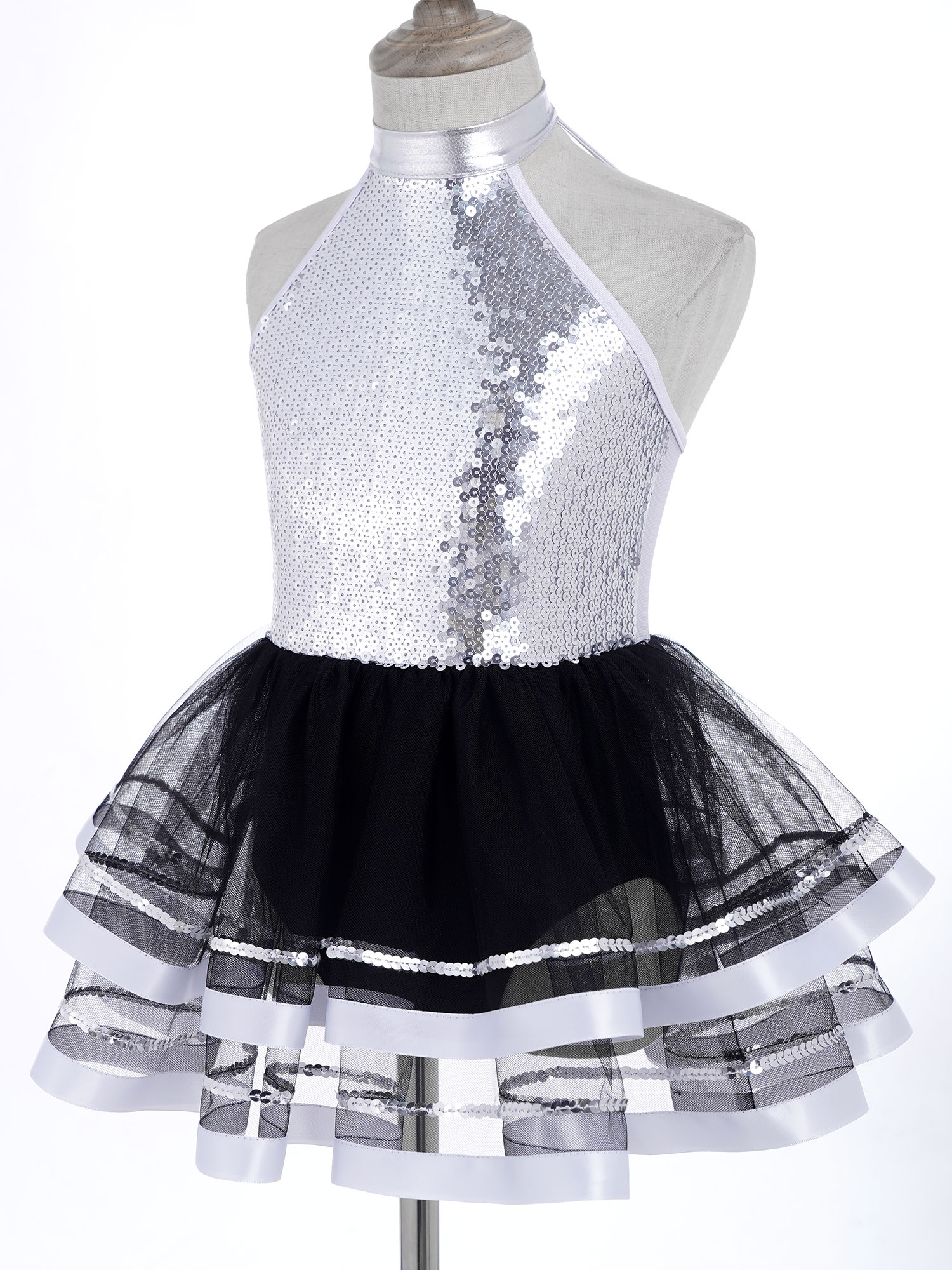 Halter Sequins Ballet Tutu Dress Kids Girls Latin Jazz Modern Dancing Costume Gymnastics Leotard Unitards Performance Dancewear