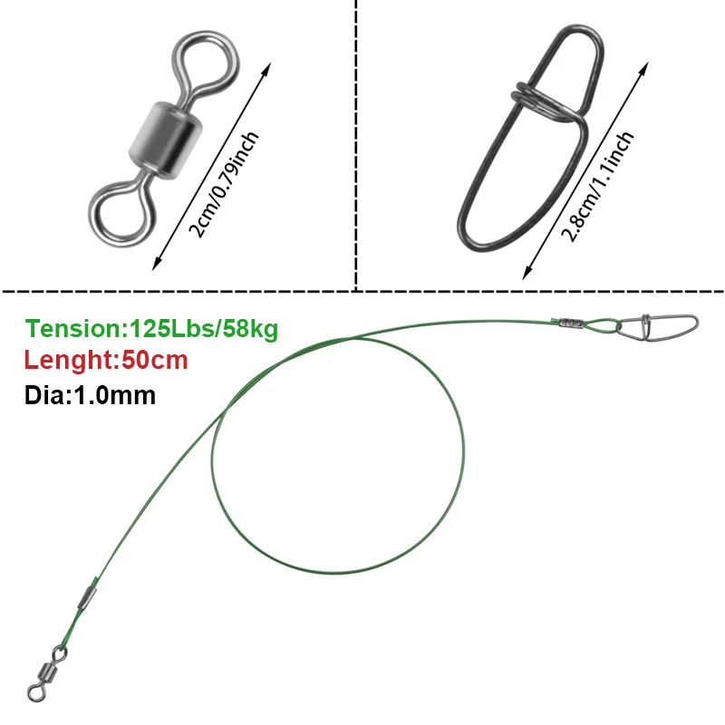 30Pcs Dia 1.0mm Sea Fishing Leader Line 125LB 50cm Stainless Steel High Strength Wire Line with Swivels and Snaps Fishing Tools