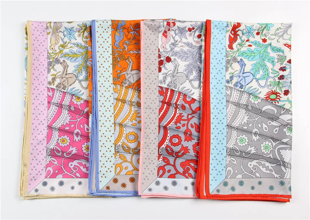 Manual Hand Rolled Twill Silk Scarf Women Concert Print Square Scarves Wraps Echarpes Curled Foulards Femme Bandana Hijabs 90CM