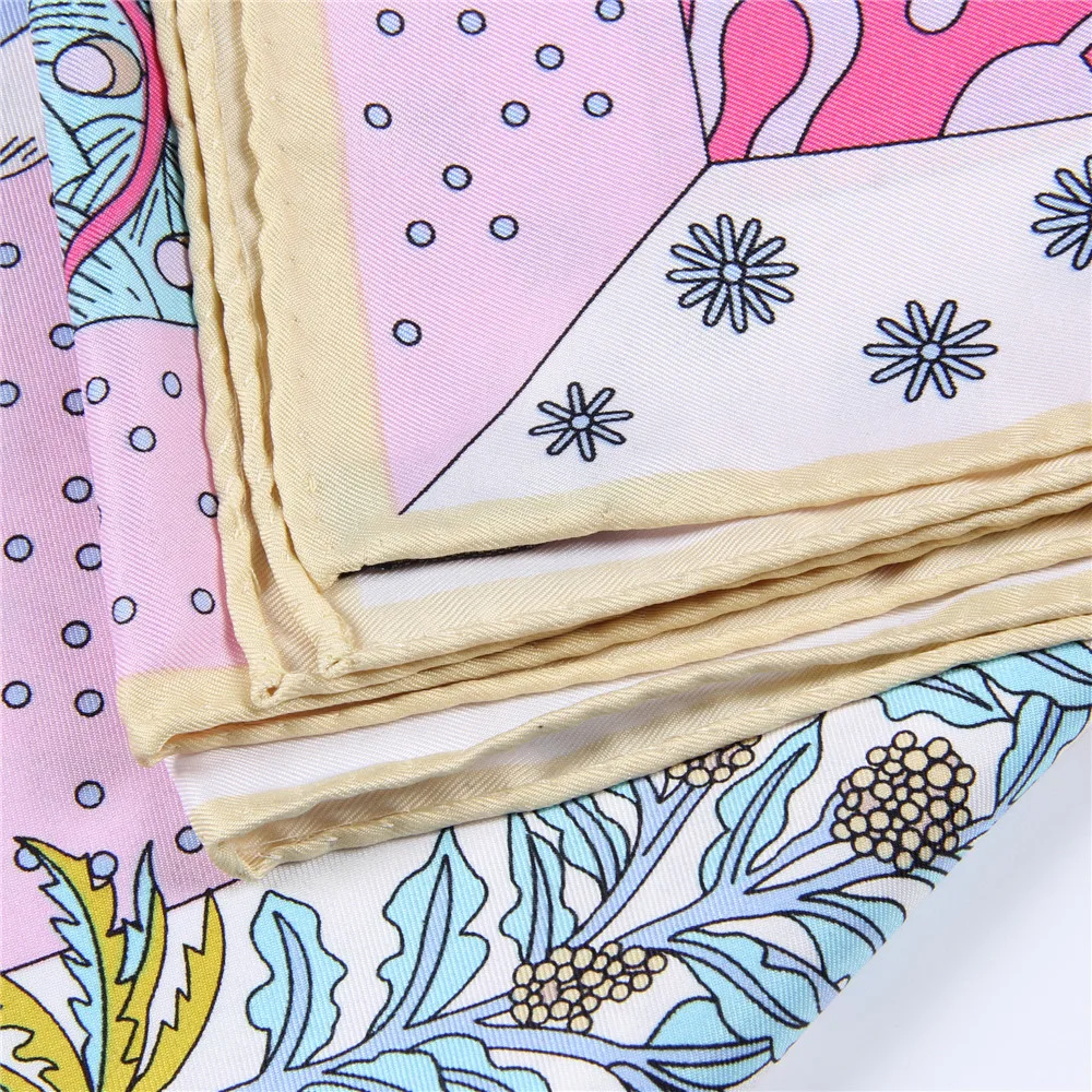 Manual Hand Rolled Twill Silk Scarf Women Concert Print Square Scarves Wraps Echarpes Curled Foulards Femme Bandana Hijabs 90CM