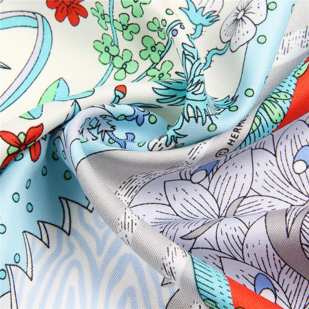 Manual Hand Rolled Twill Silk Scarf Women Concert Print Square Scarves Wraps Echarpes Curled Foulards Femme Bandana Hijabs 90CM