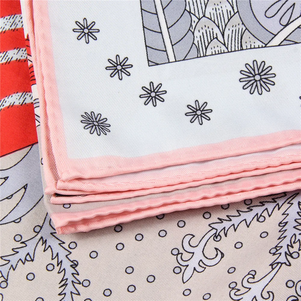 Manual Hand Rolled Twill Silk Scarf Women Concert Print Square Scarves Wraps Echarpes Curled Foulards Femme Bandana Hijabs 90CM