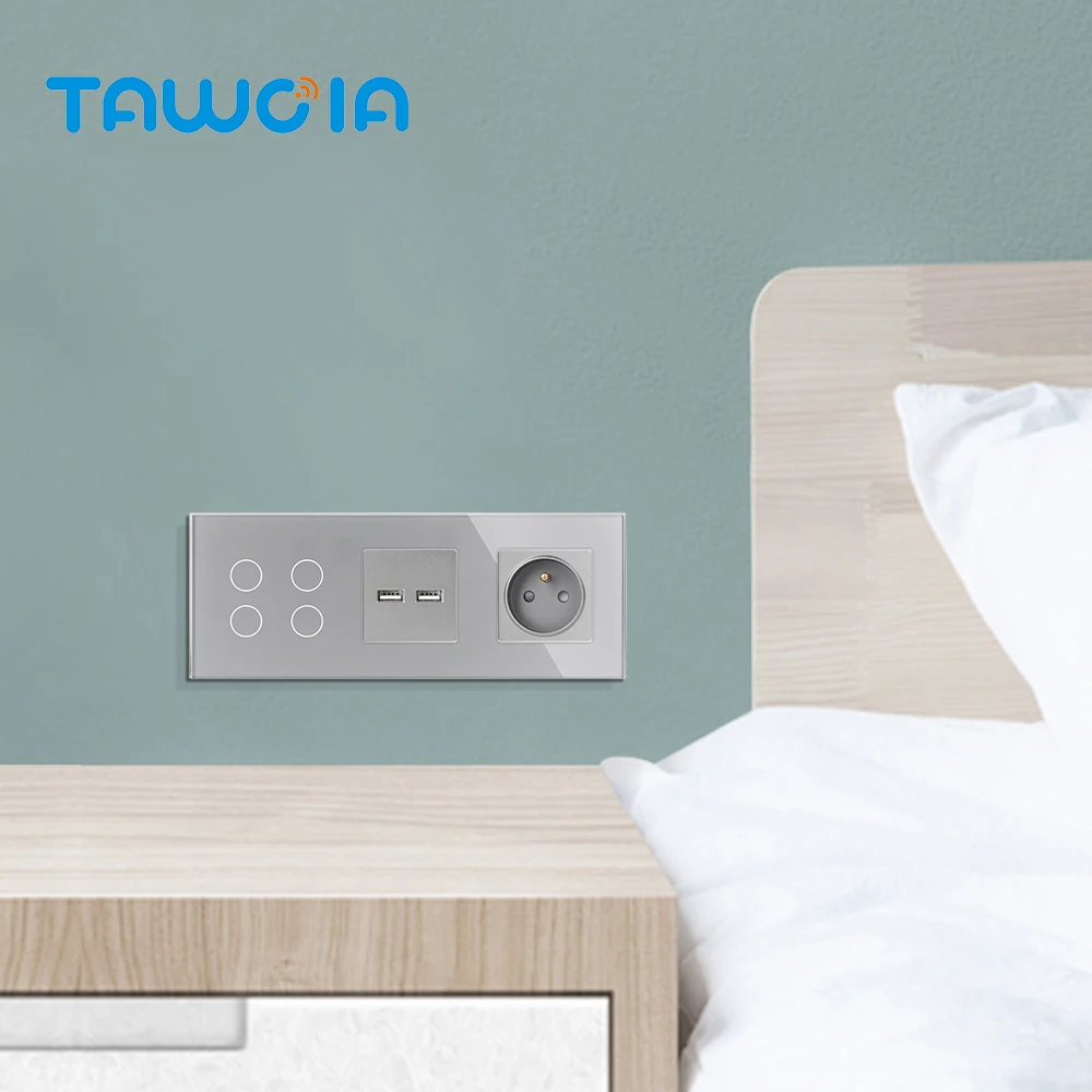 TAWOIA French Polish Power Socket Touch Switch Glass Panel USB Double Outlet Triple Wall Sockets Button Switch Fits E-type Plugs