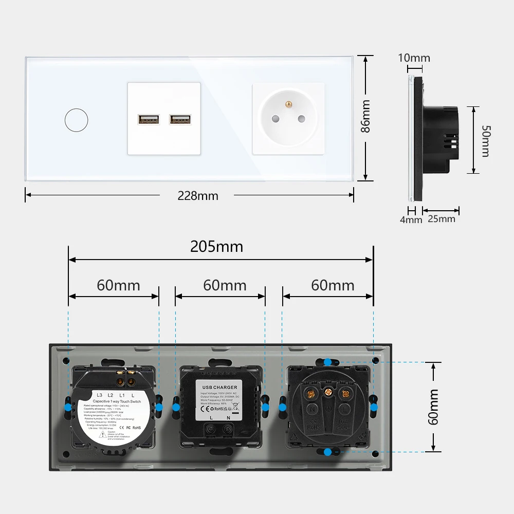 TAWOIA French Polish Power Socket Touch Switch Glass Panel USB Double Outlet Triple Wall Sockets Button Switch Fits E-type Plugs