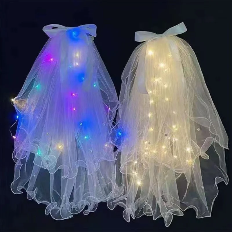 Bridal Veil Wedding Veils Women's White Tulle Short Veils Ribbon Edge With LED Light for Brides Bachelorette Hen Party Costume