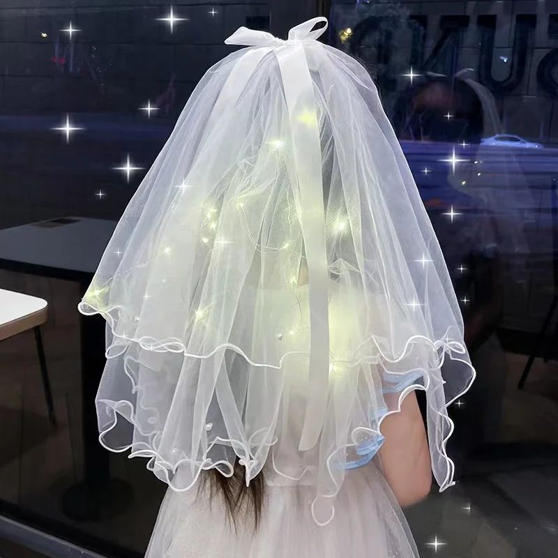 Bridal Veil Wedding Veils Women's White Tulle Short Veils Ribbon Edge With LED Light for Brides Bachelorette Hen Party Costume