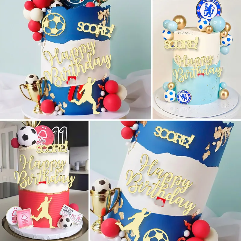 1set Gold Acrylic Happy Birthday Cake Topper Kids Football Birthday Party Cake Toppers Baby Shower Cake Gift Dessert Decoration