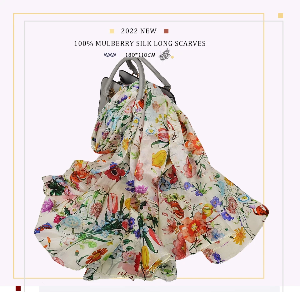 BYSIFA| White 100% Mulberry Silk Scarf Shawl Women New Floral Design Summer Long Beach Shawl Luxury Ladies Neck Scarves Hijabs