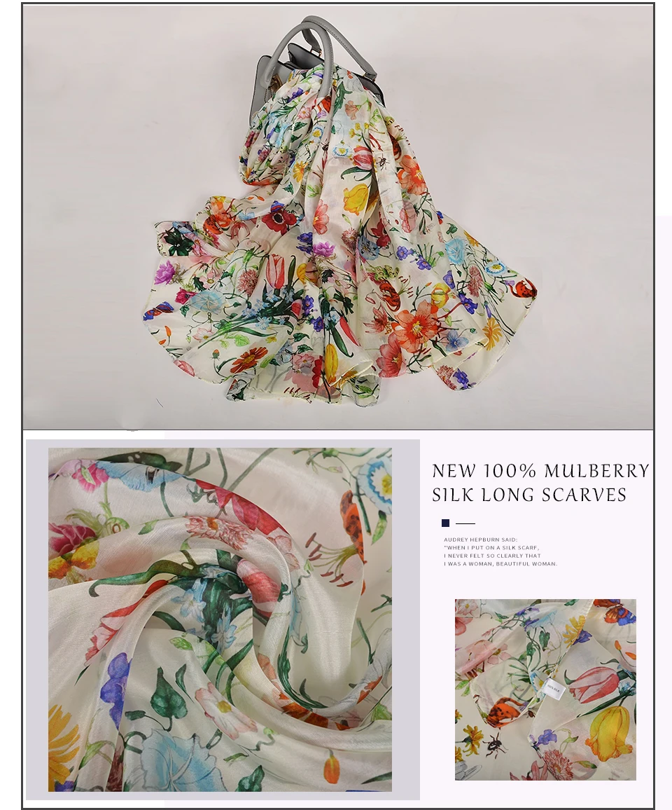 BYSIFA| White 100% Mulberry Silk Scarf Shawl Women New Floral Design Summer Long Beach Shawl Luxury Ladies Neck Scarves Hijabs