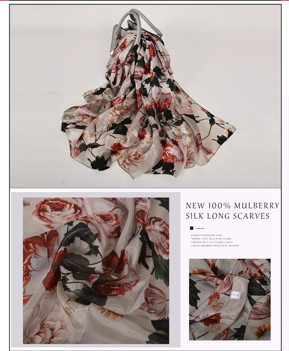 BYSIFA| White 100% Mulberry Silk Scarf Shawl Women New Floral Design Summer Long Beach Shawl Luxury Ladies Neck Scarves Hijabs