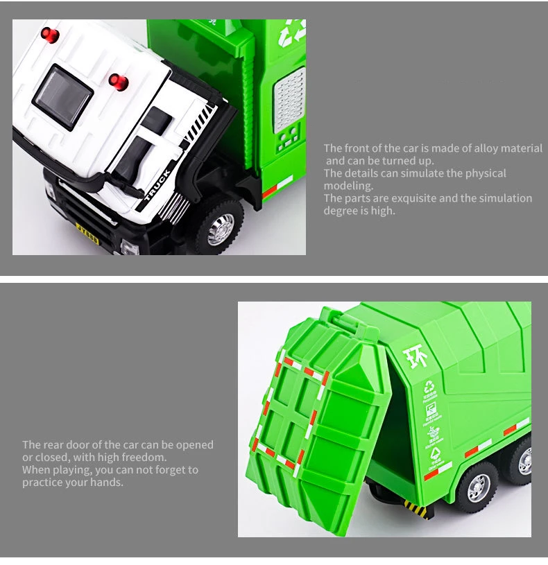 1/32 City Garbage Truck Car Model Diecast Metal Garbage Sorting Sanitation Vehicle Car Model Sound and Light Childrens Toys Gift