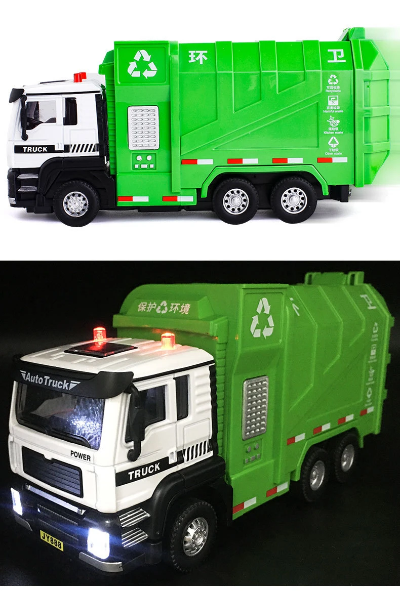 1/32 City Garbage Truck Car Model Diecast Metal Garbage Sorting Sanitation Vehicle Car Model Sound and Light Childrens Toys Gift