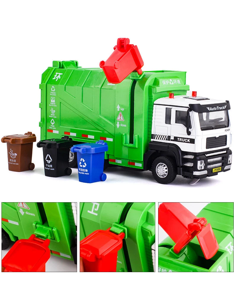 1/32 City Garbage Truck Car Model Diecast Metal Garbage Sorting Sanitation Vehicle Car Model Sound and Light Childrens Toys Gift
