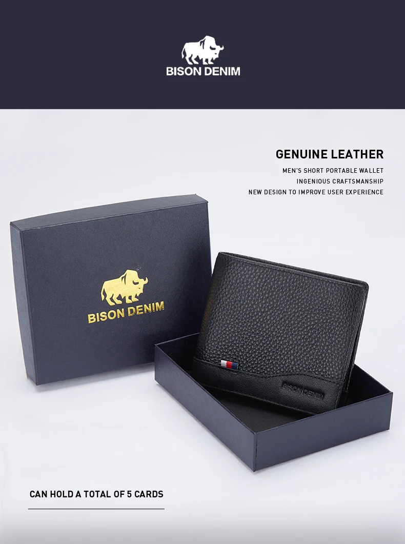 BISONDENIM Genuine Leather Men Wallets Coin Pocket Card Holder Male Purse Fashion Wallets High Quality Gift for Husband Father
