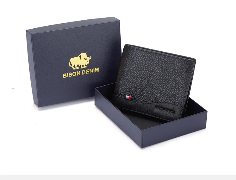 BISONDENIM Genuine Leather Men Wallets Coin Pocket Card Holder Male Purse Fashion Wallets High Quality Gift for Husband Father