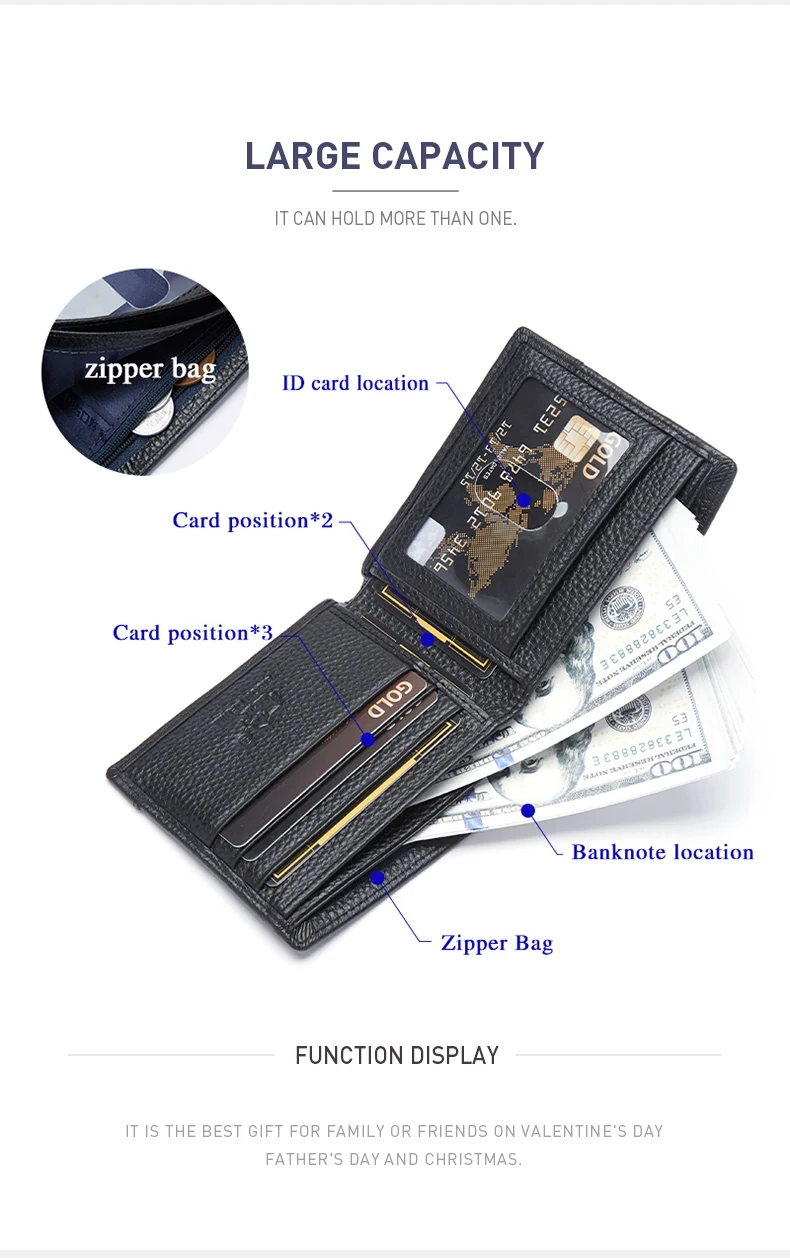 BISONDENIM Genuine Leather Men Wallets Coin Pocket Card Holder Male Purse Fashion Wallets High Quality Gift for Husband Father