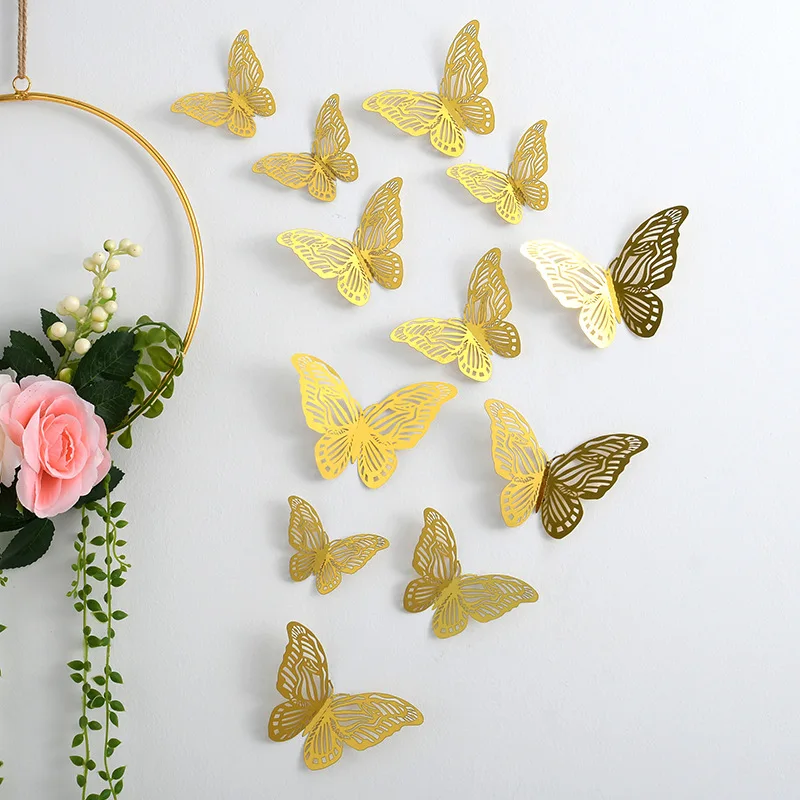 NEW 12Pcs 3D Hollow Butterfly Wall Sticker Home Decoration Kids Room Party Wedding Decor Rose Gold Butterfly Fridge DIY Stickers